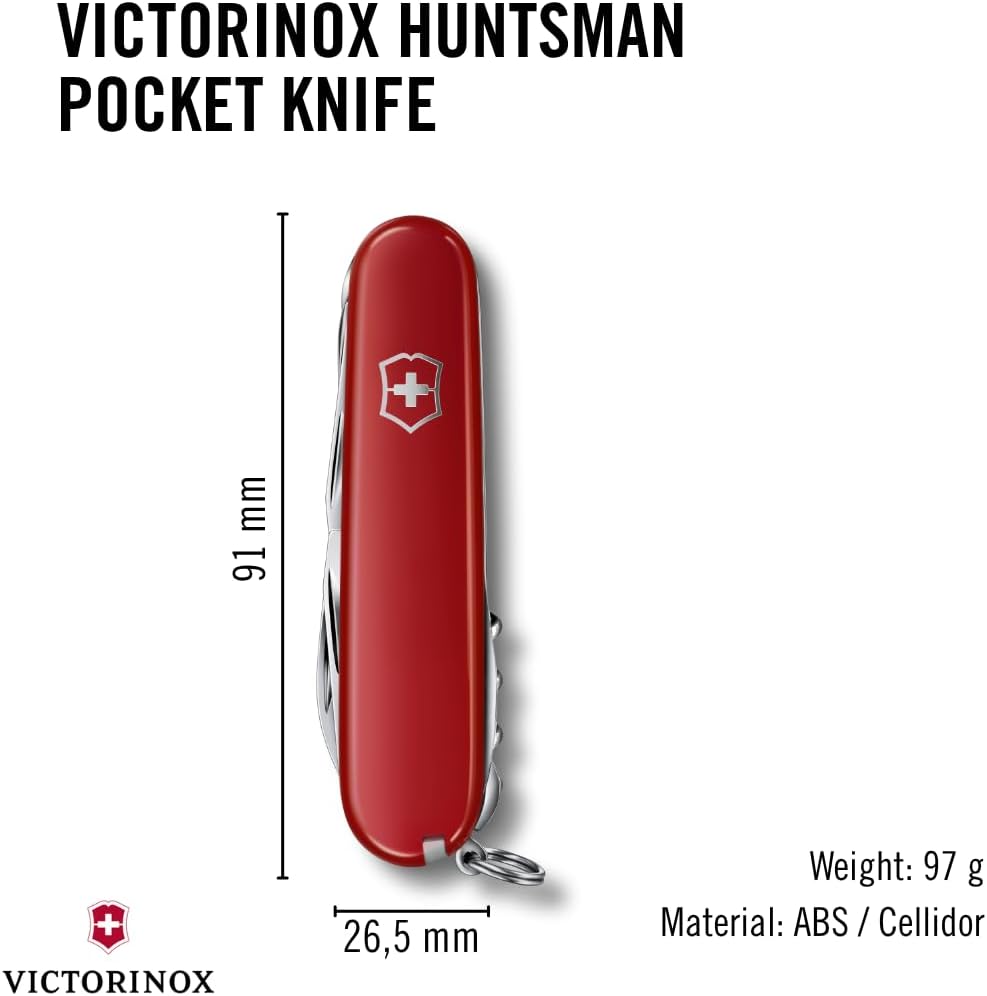 Huntsman Swiss Army Knife, 15 Functions, Swiss Made Pocket Knife with Large Blade, Screwdriver, Scissors and Wood Saw - Red