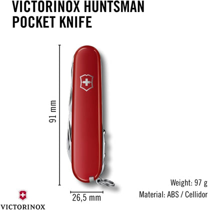 Huntsman Swiss Army Knife, 15 Functions, Swiss Made Pocket Knife with Large Blade, Screwdriver, Scissors and Wood Saw - Red