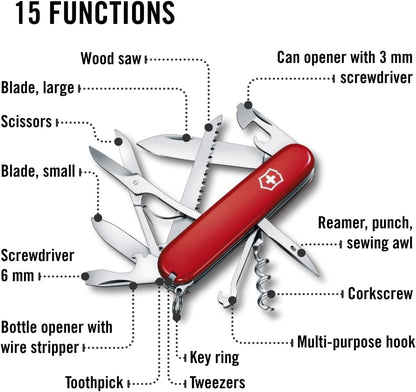 Huntsman Swiss Army Knife, 15 Functions, Swiss Made Pocket Knife with Large Blade, Screwdriver, Scissors and Wood Saw - Red