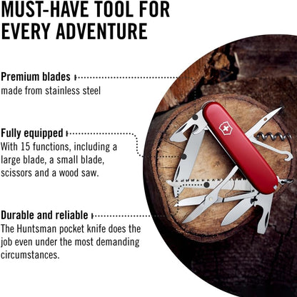 Huntsman Swiss Army Knife, 15 Functions, Swiss Made Pocket Knife with Large Blade, Screwdriver, Scissors and Wood Saw - Red