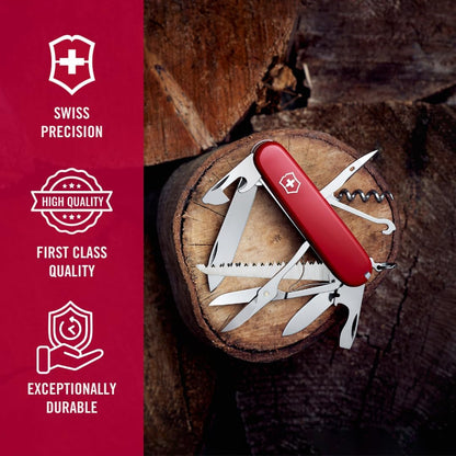 Huntsman Swiss Army Knife, 15 Functions, Swiss Made Pocket Knife with Large Blade, Screwdriver, Scissors and Wood Saw - Red