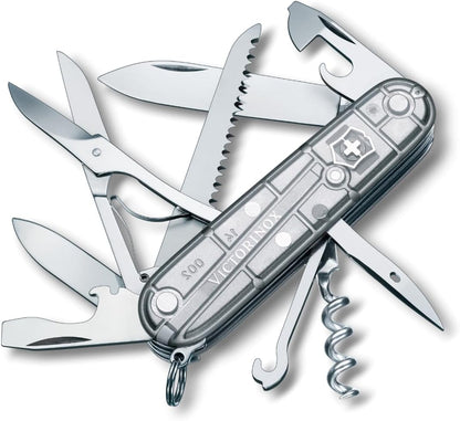 Huntsman Swiss Army Knife, 15 Functions, Swiss Made Pocket Knife with Large Blade, Screwdriver, Scissors and Wood Saw - Red