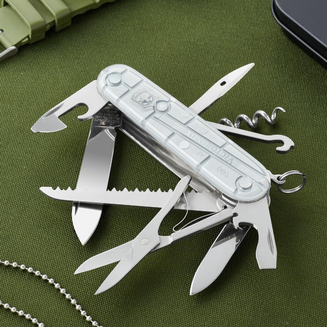 Huntsman Swiss Army Knife, 15 Functions, Swiss Made Pocket Knife with Large Blade, Screwdriver, Scissors and Wood Saw - Red