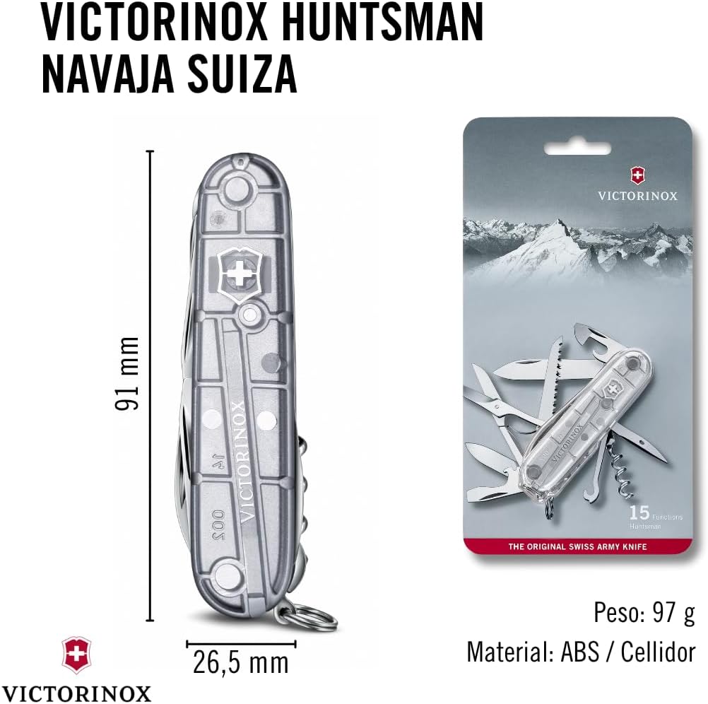 Huntsman Swiss Army Knife, 15 Functions, Swiss Made Pocket Knife with Large Blade, Screwdriver, Scissors and Wood Saw - Red
