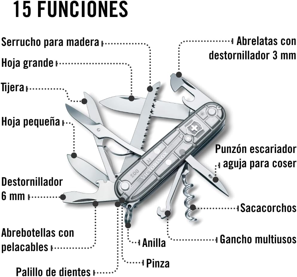 Huntsman Swiss Army Knife, 15 Functions, Swiss Made Pocket Knife with Large Blade, Screwdriver, Scissors and Wood Saw - Red