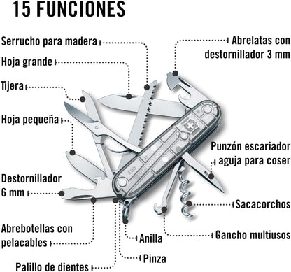 Huntsman Swiss Army Knife, 15 Functions, Swiss Made Pocket Knife with Large Blade, Screwdriver, Scissors and Wood Saw - Red