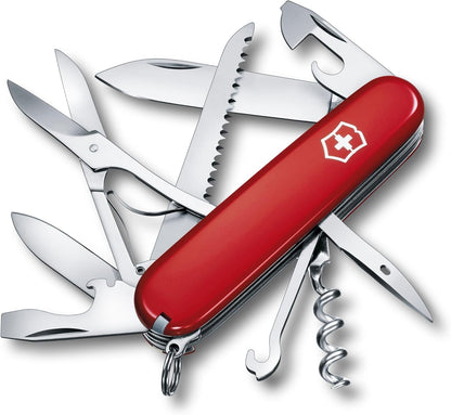 Huntsman Swiss Army Knife, 15 Functions, Swiss Made Pocket Knife with Large Blade, Screwdriver, Scissors and Wood Saw - Red