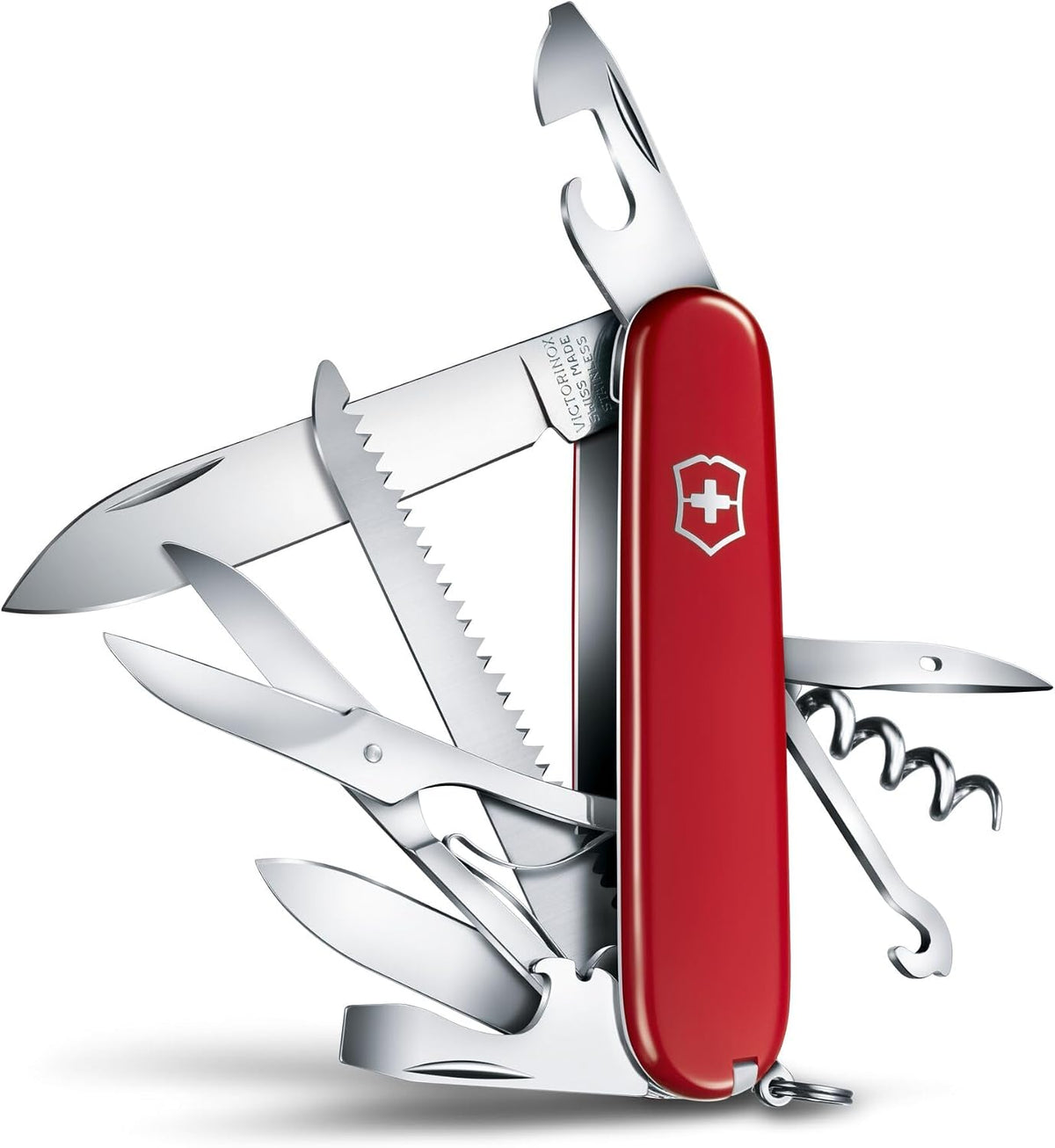 Huntsman Swiss Army Knife, 15 Functions, Swiss Made Pocket Knife with Large Blade, Screwdriver, Scissors and Wood Saw - Red
