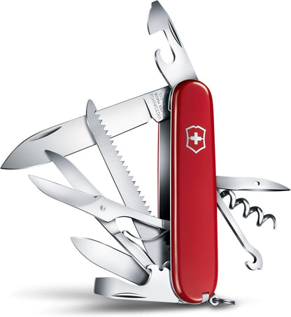 Huntsman Swiss Army Knife, 15 Functions, Swiss Made Pocket Knife with Large Blade, Screwdriver, Scissors and Wood Saw - Red