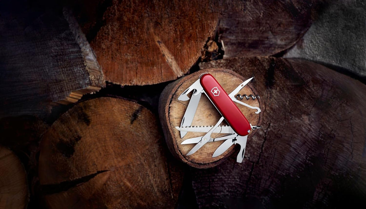 Huntsman Swiss Army Knife, 15 Functions, Swiss Made Pocket Knife with Large Blade, Screwdriver, Scissors and Wood Saw - Red