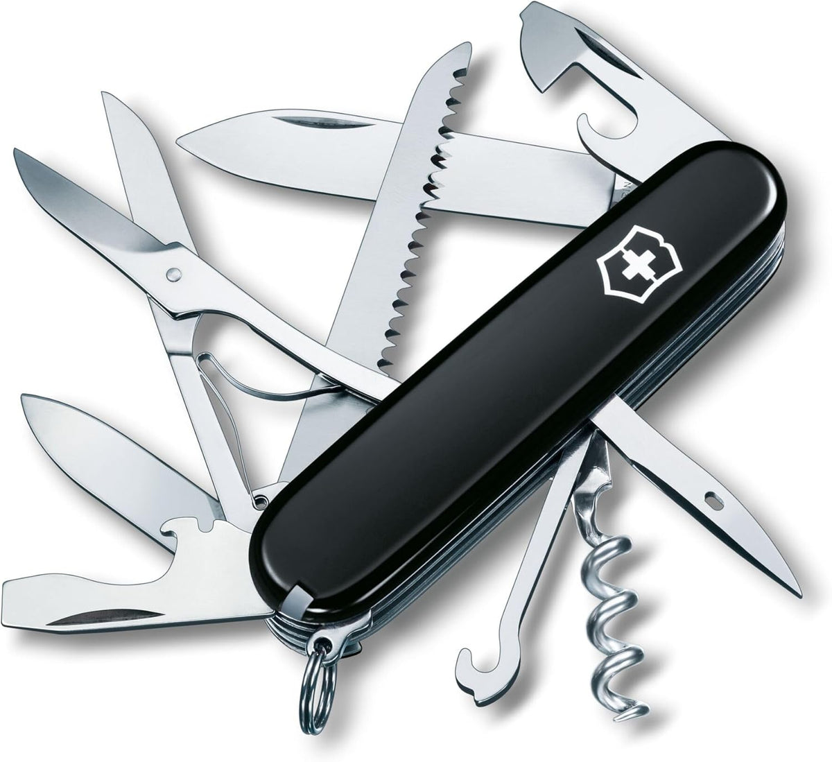 Huntsman Swiss Army Knife, 15 Functions, Swiss Made Pocket Knife with Large Blade, Screwdriver, Scissors and Wood Saw - Red
