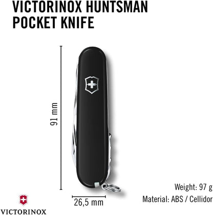 Huntsman Swiss Army Knife, 15 Functions, Swiss Made Pocket Knife with Large Blade, Screwdriver, Scissors and Wood Saw - Red