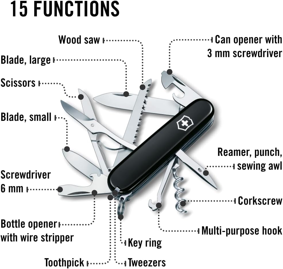 Huntsman Swiss Army Knife, 15 Functions, Swiss Made Pocket Knife with Large Blade, Screwdriver, Scissors and Wood Saw - Red