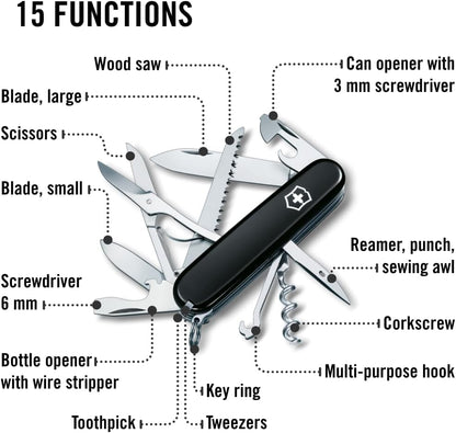 Huntsman Swiss Army Knife, 15 Functions, Swiss Made Pocket Knife with Large Blade, Screwdriver, Scissors and Wood Saw - Red