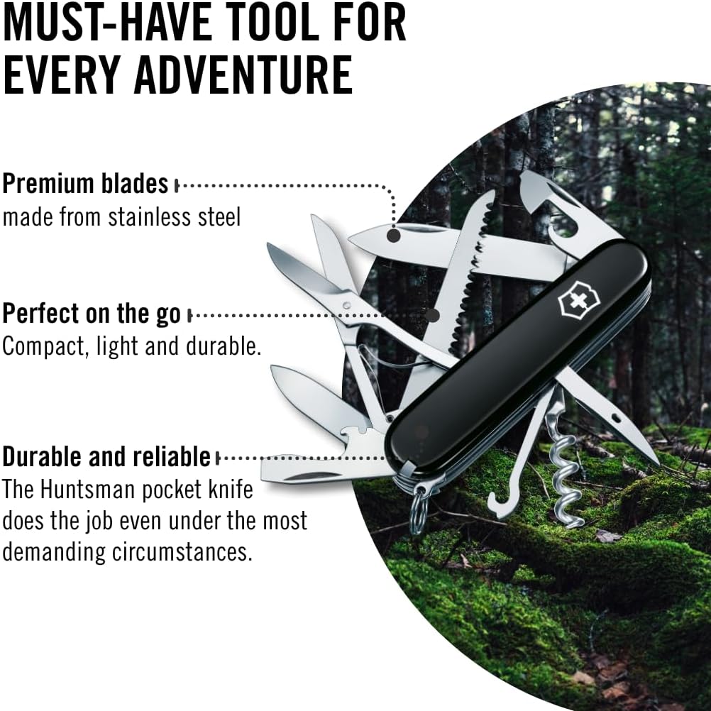 Huntsman Swiss Army Knife, 15 Functions, Swiss Made Pocket Knife with Large Blade, Screwdriver, Scissors and Wood Saw - Red
