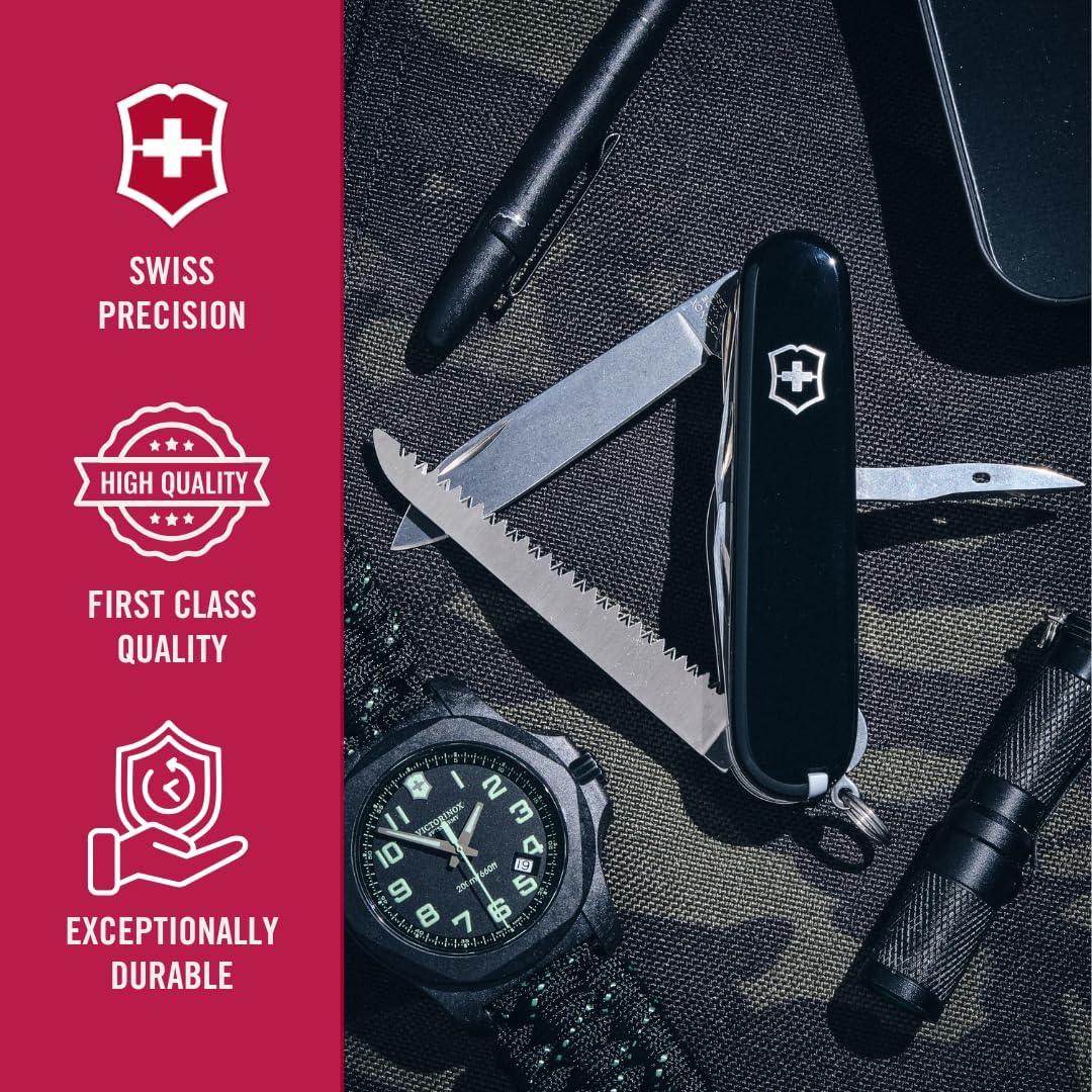 Huntsman Swiss Army Knife, 15 Functions, Swiss Made Pocket Knife with Large Blade, Screwdriver, Scissors and Wood Saw - Red