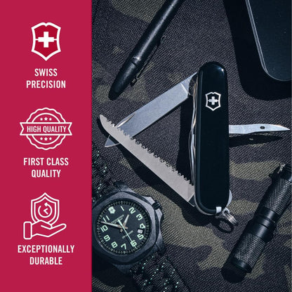 Huntsman Swiss Army Knife, 15 Functions, Swiss Made Pocket Knife with Large Blade, Screwdriver, Scissors and Wood Saw - Red