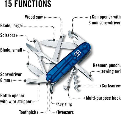 Huntsman Swiss Army Knife, 15 Functions, Swiss Made Pocket Knife with Large Blade, Screwdriver, Scissors and Wood Saw - Red