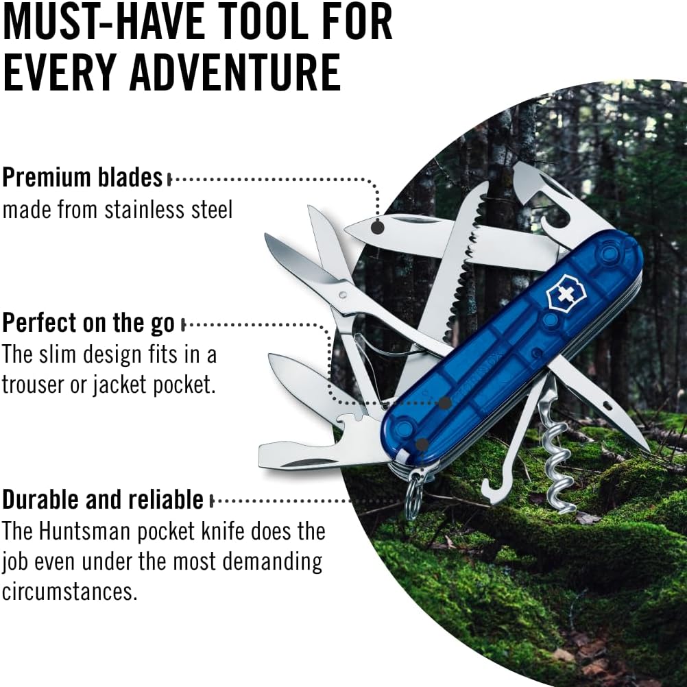 Huntsman Swiss Army Knife, 15 Functions, Swiss Made Pocket Knife with Large Blade, Screwdriver, Scissors and Wood Saw - Red
