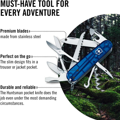 Huntsman Swiss Army Knife, 15 Functions, Swiss Made Pocket Knife with Large Blade, Screwdriver, Scissors and Wood Saw - Red