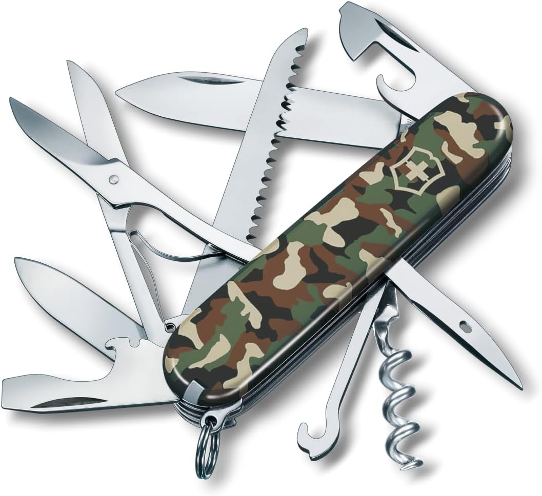 Huntsman Swiss Army Knife, 15 Functions, Swiss Made Pocket Knife with Large Blade, Screwdriver, Scissors and Wood Saw - Red