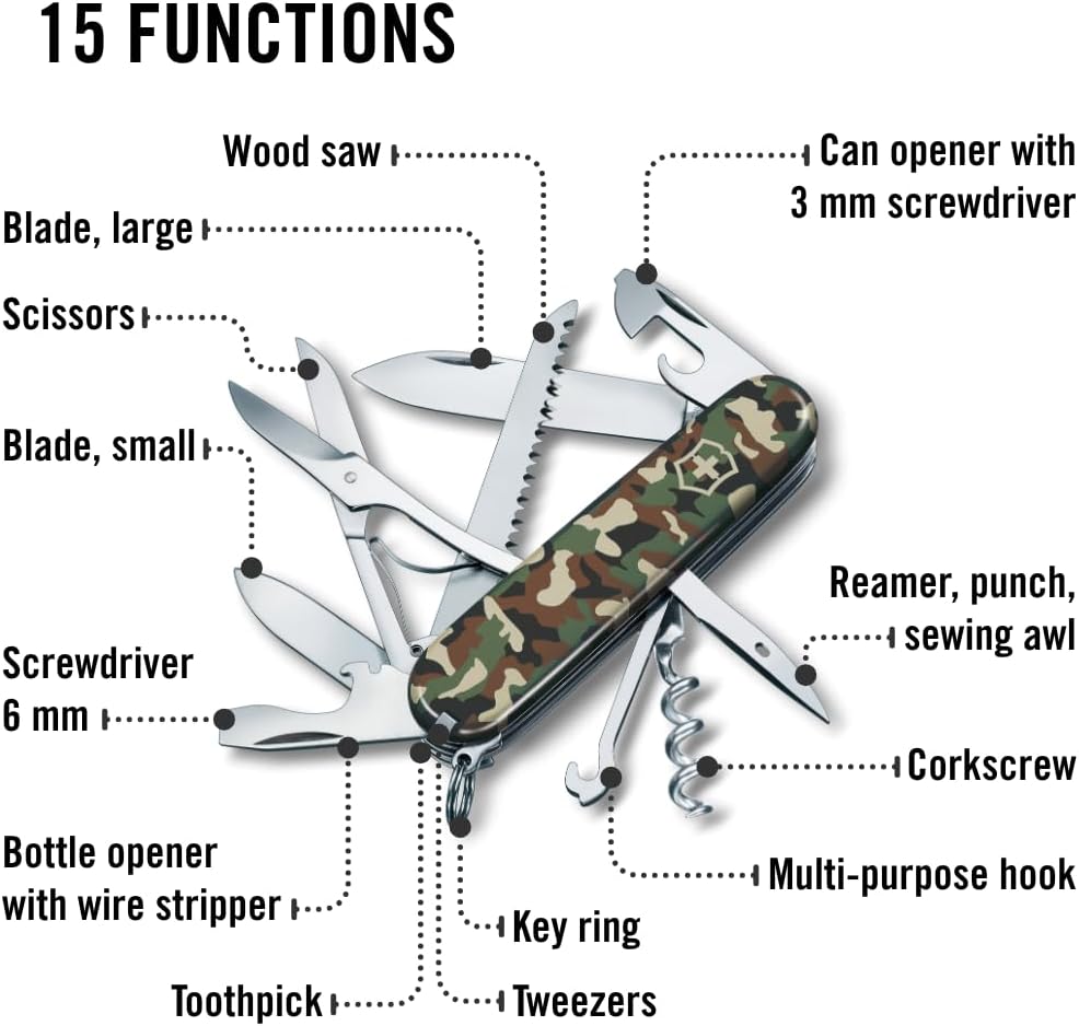 Huntsman Swiss Army Knife, 15 Functions, Swiss Made Pocket Knife with Large Blade, Screwdriver, Scissors and Wood Saw - Red