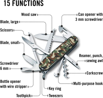 Huntsman Swiss Army Knife, 15 Functions, Swiss Made Pocket Knife with Large Blade, Screwdriver, Scissors and Wood Saw - Red