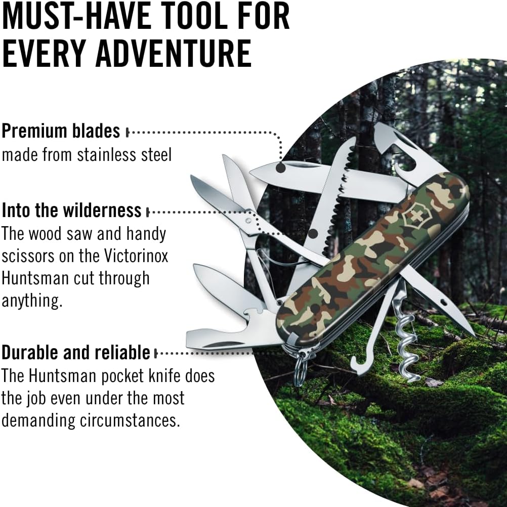 Huntsman Swiss Army Knife, 15 Functions, Swiss Made Pocket Knife with Large Blade, Screwdriver, Scissors and Wood Saw - Red