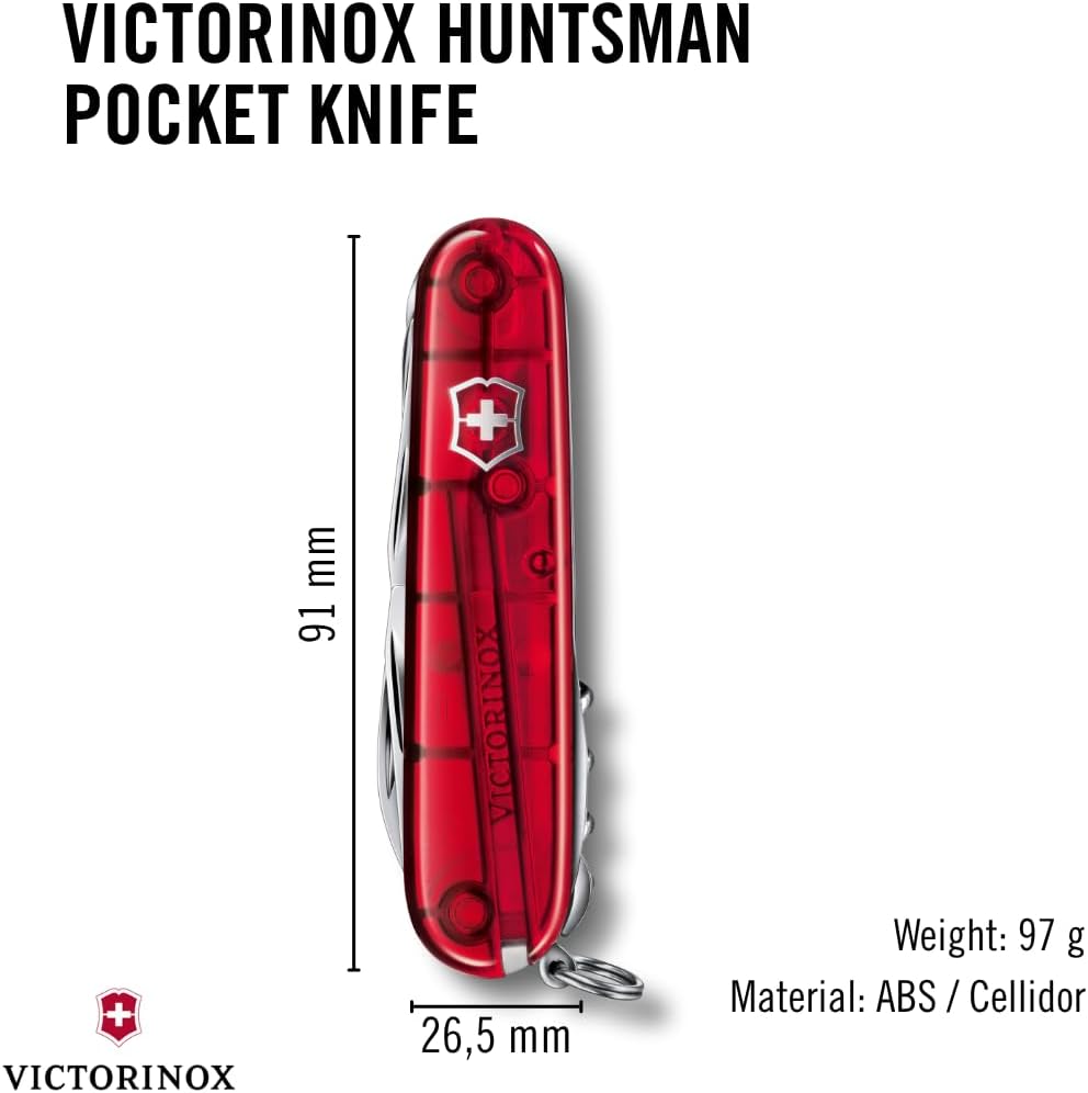 Huntsman Swiss Army Knife, 15 Functions, Swiss Made Pocket Knife with Large Blade, Screwdriver, Scissors and Wood Saw - Red