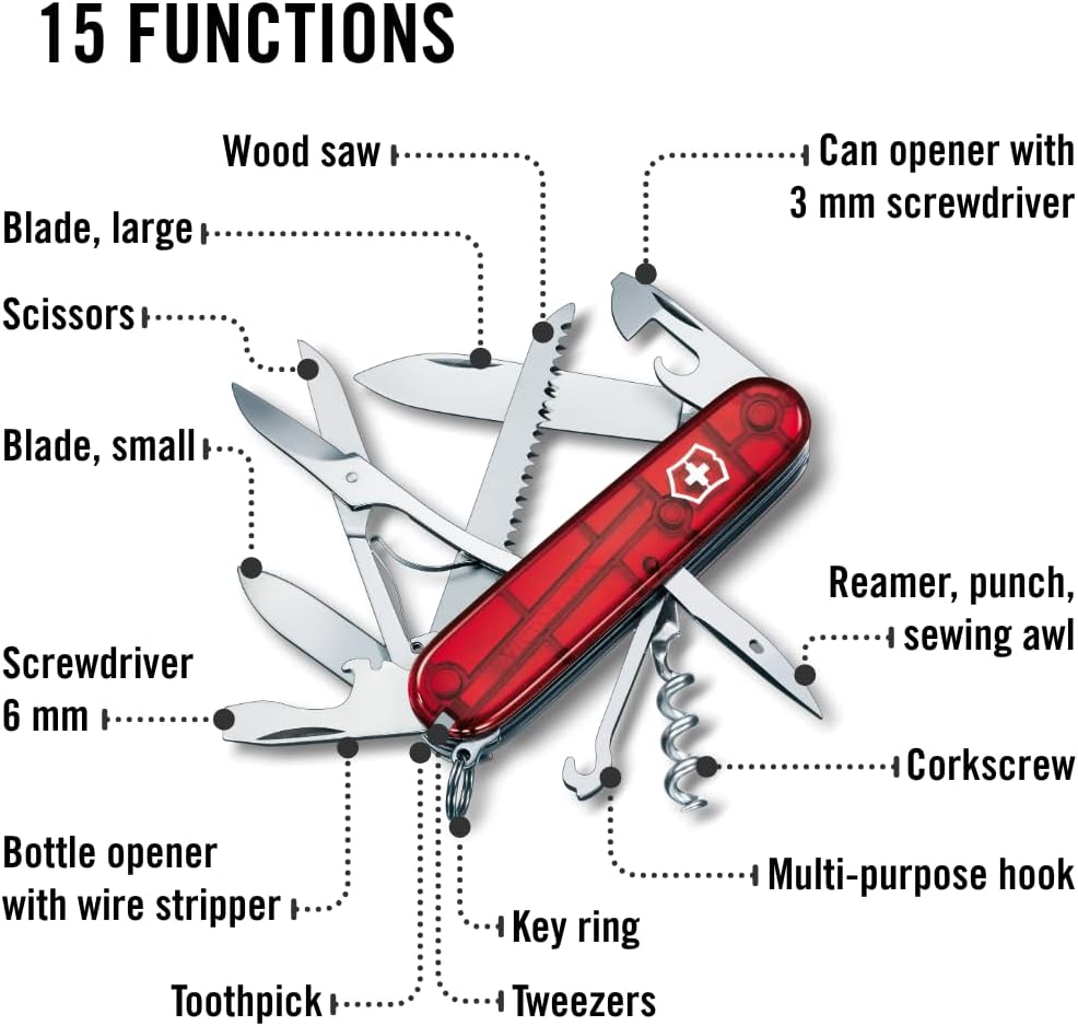 Huntsman Swiss Army Knife, 15 Functions, Swiss Made Pocket Knife with Large Blade, Screwdriver, Scissors and Wood Saw - Red