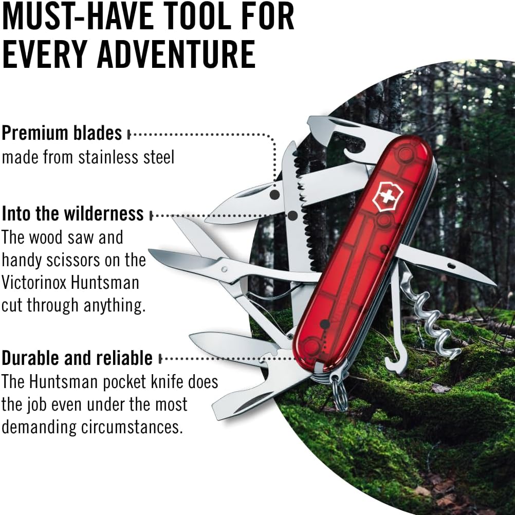 Huntsman Swiss Army Knife, 15 Functions, Swiss Made Pocket Knife with Large Blade, Screwdriver, Scissors and Wood Saw - Red