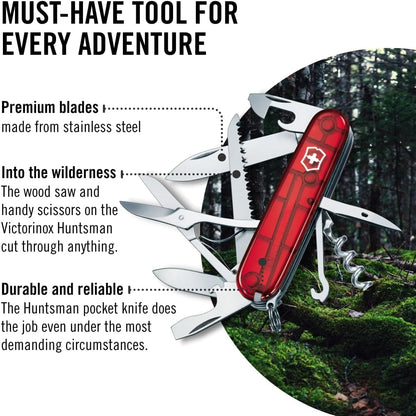 Huntsman Swiss Army Knife, 15 Functions, Swiss Made Pocket Knife with Large Blade, Screwdriver, Scissors and Wood Saw - Red