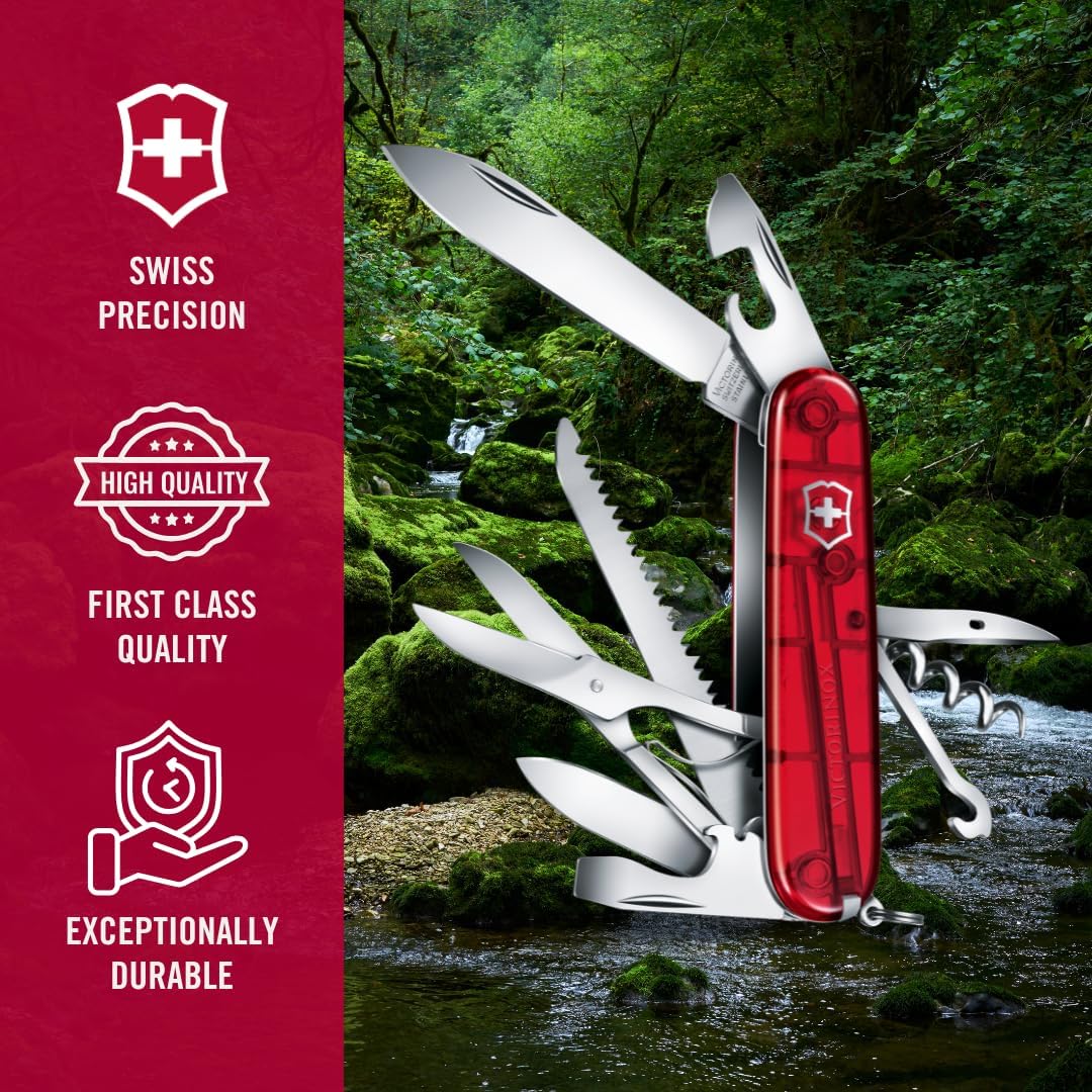 Huntsman Swiss Army Knife, 15 Functions, Swiss Made Pocket Knife with Large Blade, Screwdriver, Scissors and Wood Saw - Red