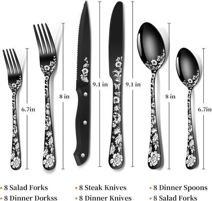 48-Piece Black Silverware Set with Steak Knife, Black Flatware Sets for 8, Stainless Steel Cutlery Set Includes Forks Knives Spoons,Unique Pattern Design，Mirror Polished and Dishwasher Safe