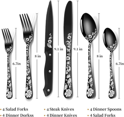 48-Piece Black Silverware Set with Steak Knife, Black Flatware Sets for 8, Stainless Steel Cutlery Set Includes Forks Knives Spoons,Unique Pattern Design，Mirror Polished and Dishwasher Safe