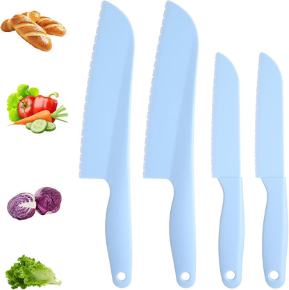 4 Pack Lettuce Knife 11/8.5" Plastic Cake Knifes to Prevent Browning Serrated Kitchen Cutter for Cutting Fruits, Cakes and Bread Dishwashable Safe for Kids Nylon Cutters for Nonstick Pans (Blue, S&L)