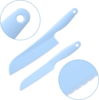 4 Pack Lettuce Knife 11/8.5" Plastic Cake Knifes to Prevent Browning Serrated Kitchen Cutter for Cutting Fruits, Cakes and Bread Dishwashable Safe for Kids Nylon Cutters for Nonstick Pans (Blue, S&L)