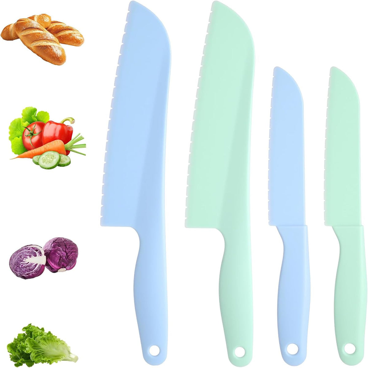 4 Pack Lettuce Knife 11/8.5" Plastic Cake Knifes to Prevent Browning Serrated Kitchen Cutter for Cutting Fruits, Cakes and Bread Dishwashable Safe for Kids Nylon Cutters for Nonstick Pans (Blue, S&L)