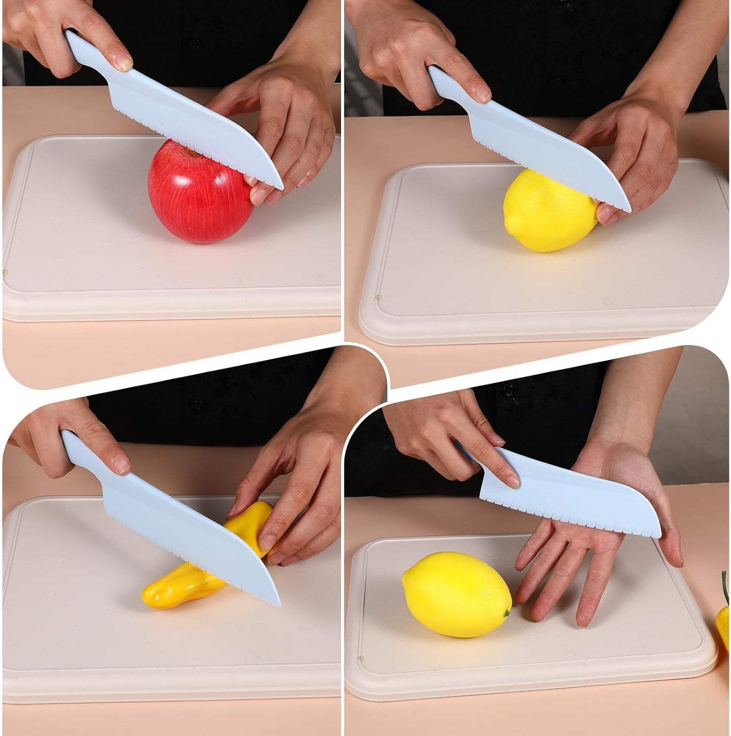 4 Pack Lettuce Knife 11/8.5" Plastic Cake Knifes to Prevent Browning Serrated Kitchen Cutter for Cutting Fruits, Cakes and Bread Dishwashable Safe for Kids Nylon Cutters for Nonstick Pans (Blue, S&L)