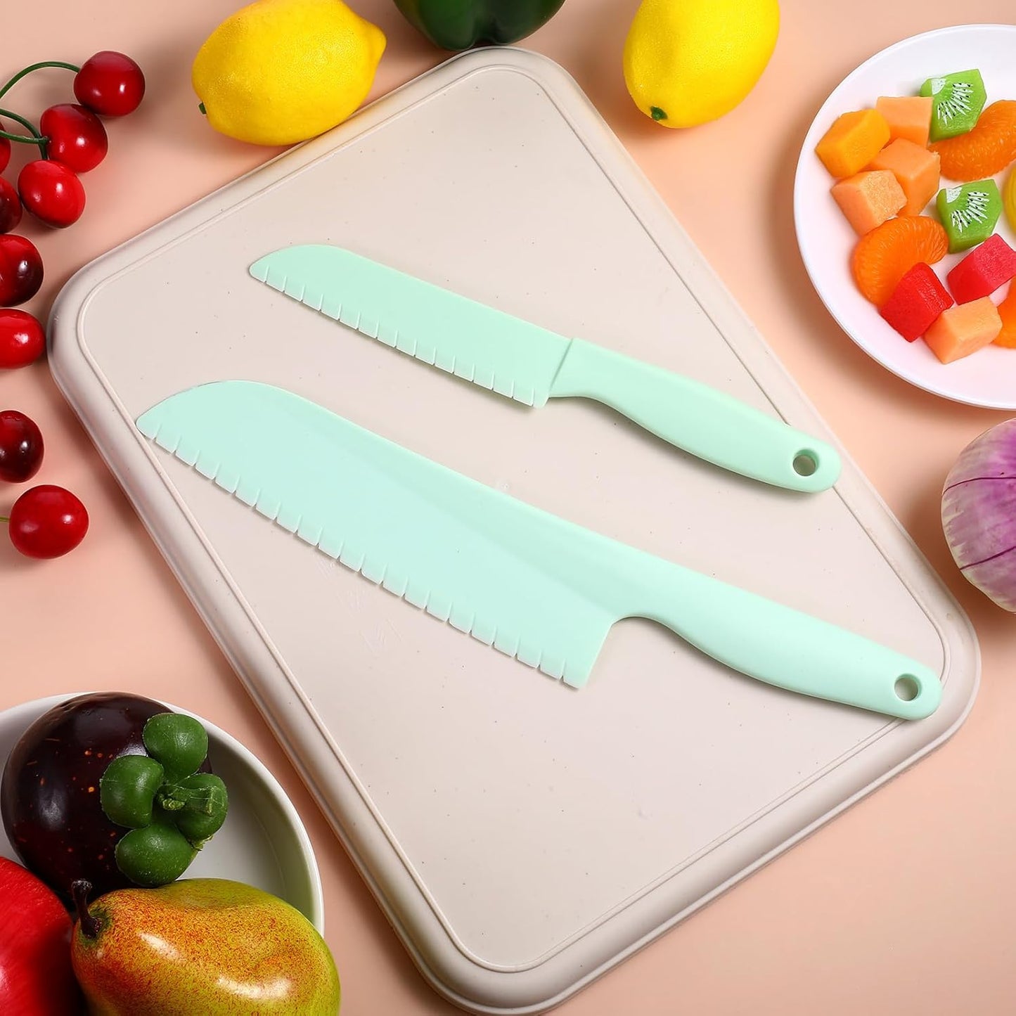 4 Pack Lettuce Knife 11/8.5" Plastic Cake Knifes to Prevent Browning Serrated Kitchen Cutter for Cutting Fruits, Cakes and Bread Dishwashable Safe for Kids Nylon Cutters for Nonstick Pans (Blue, S&L)