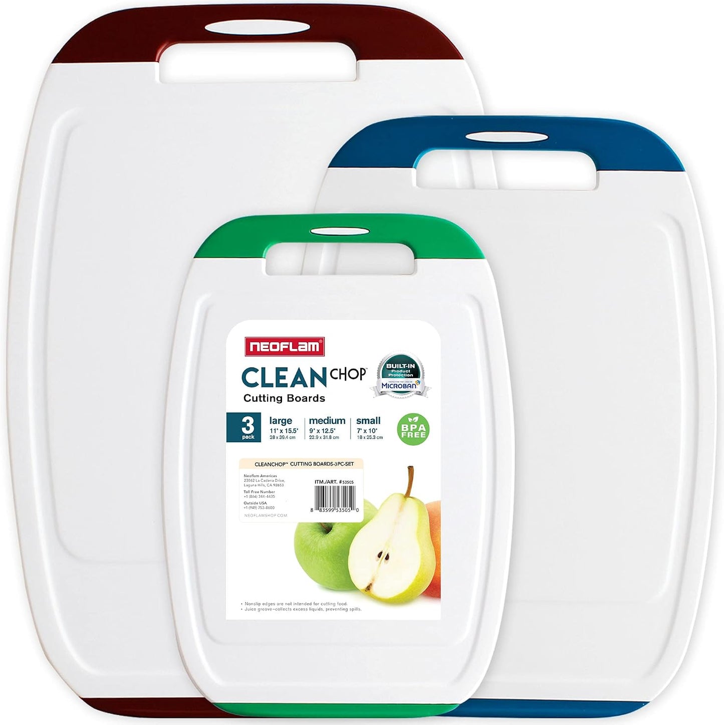 Microban Antimicrobial Plastic Cutting Board 3 Sets, BPA Free, Non-Slip EZ Grip Handle, Dishwasher Safe, Stain & Odor Free, Reversible Board, Larger Juice Groove, Multicolor