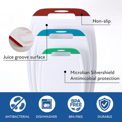 Microban Antimicrobial Plastic Cutting Board 3 Sets, BPA Free, Non-Slip EZ Grip Handle, Dishwasher Safe, Stain & Odor Free, Reversible Board, Larger Juice Groove, Multicolor