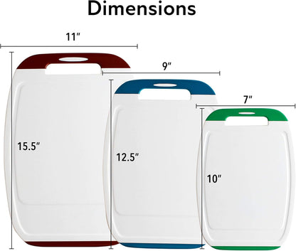 Microban Antimicrobial Plastic Cutting Board 3 Sets, BPA Free, Non-Slip EZ Grip Handle, Dishwasher Safe, Stain & Odor Free, Reversible Board, Larger Juice Groove, Multicolor