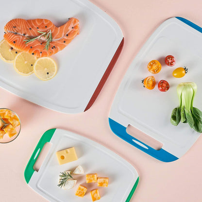 Microban Antimicrobial Plastic Cutting Board 3 Sets, BPA Free, Non-Slip EZ Grip Handle, Dishwasher Safe, Stain & Odor Free, Reversible Board, Larger Juice Groove, Multicolor