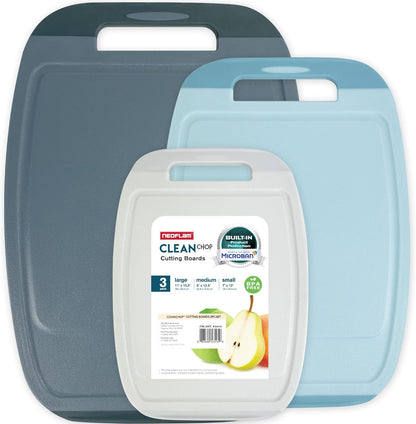 Microban Antimicrobial Plastic Cutting Board 3 Sets, BPA Free, Non-Slip EZ Grip Handle, Dishwasher Safe, Stain & Odor Free, Reversible Board, Larger Juice Groove, Multicolor
