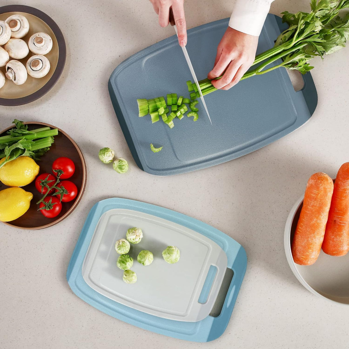 Microban Antimicrobial Plastic Cutting Board 3 Sets, BPA Free, Non-Slip EZ Grip Handle, Dishwasher Safe, Stain & Odor Free, Reversible Board, Larger Juice Groove, Multicolor