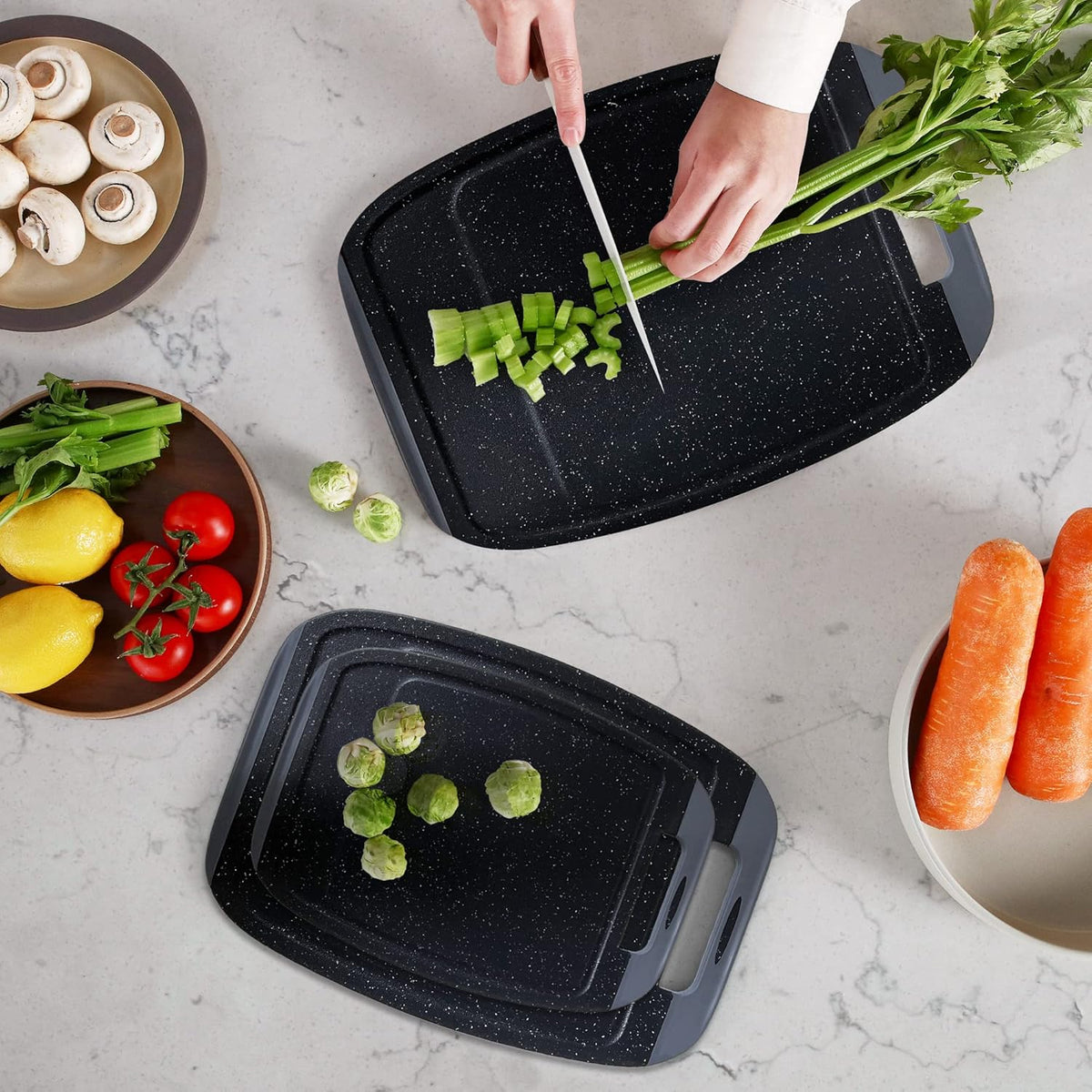 Microban Antimicrobial Plastic Cutting Board 3 Sets, BPA Free, Non-Slip EZ Grip Handle, Dishwasher Safe, Stain & Odor Free, Reversible Board, Larger Juice Groove, Multicolor