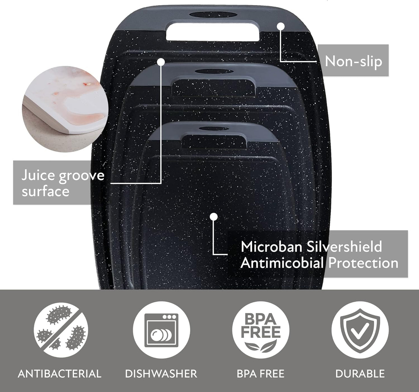 Microban Antimicrobial Plastic Cutting Board 3 Sets, BPA Free, Non-Slip EZ Grip Handle, Dishwasher Safe, Stain & Odor Free, Reversible Board, Larger Juice Groove, Multicolor