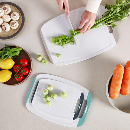 Microban Antimicrobial Plastic Cutting Board 3 Sets, BPA Free, Non-Slip EZ Grip Handle, Dishwasher Safe, Stain & Odor Free, Reversible Board, Larger Juice Groove, Multicolor