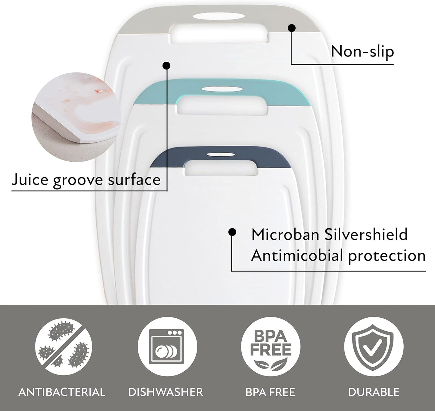 Microban Antimicrobial Plastic Cutting Board 3 Sets, BPA Free, Non-Slip EZ Grip Handle, Dishwasher Safe, Stain & Odor Free, Reversible Board, Larger Juice Groove, Multicolor